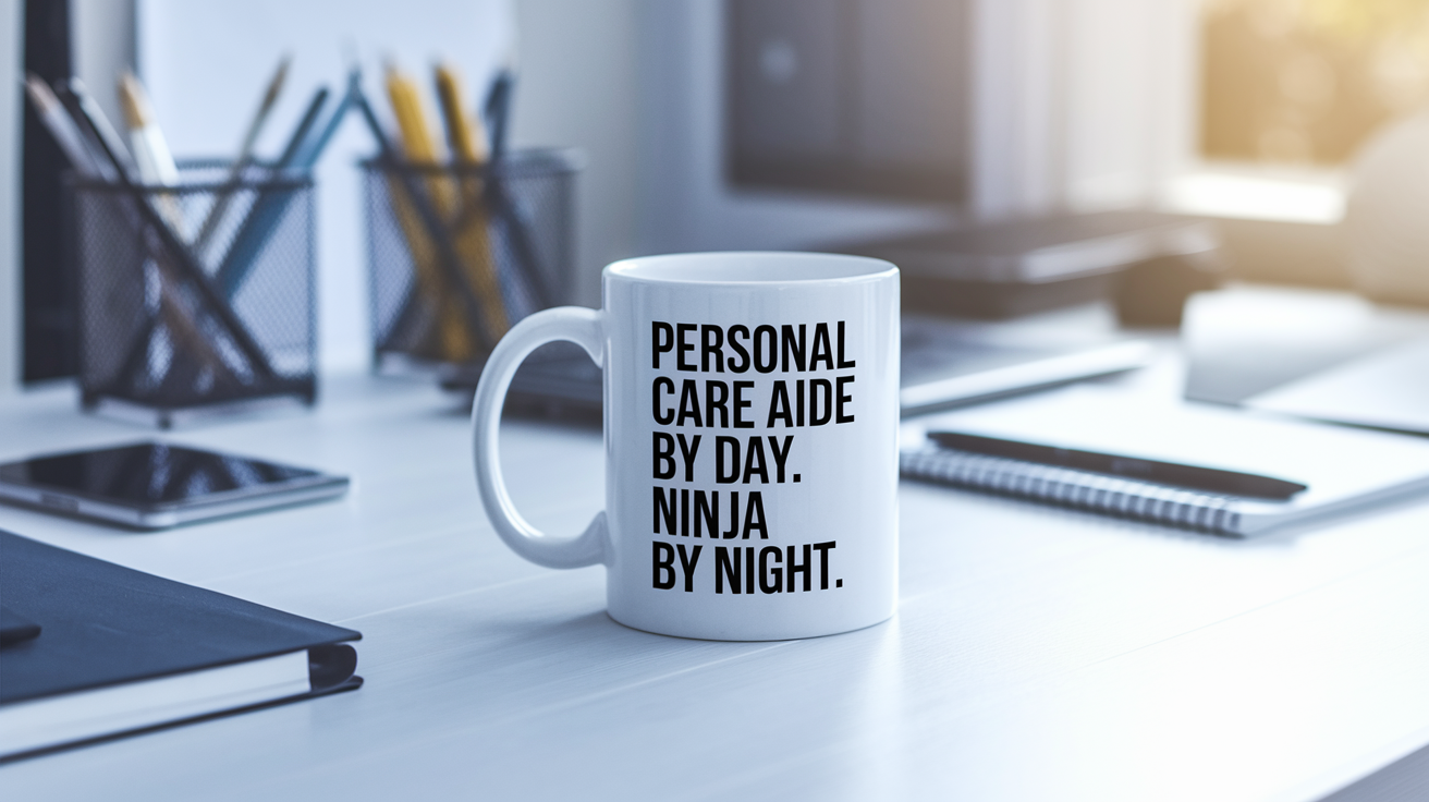 Personal Care Aide by Day Ninja by Night quote on coffee mug mockup for Amazon POD