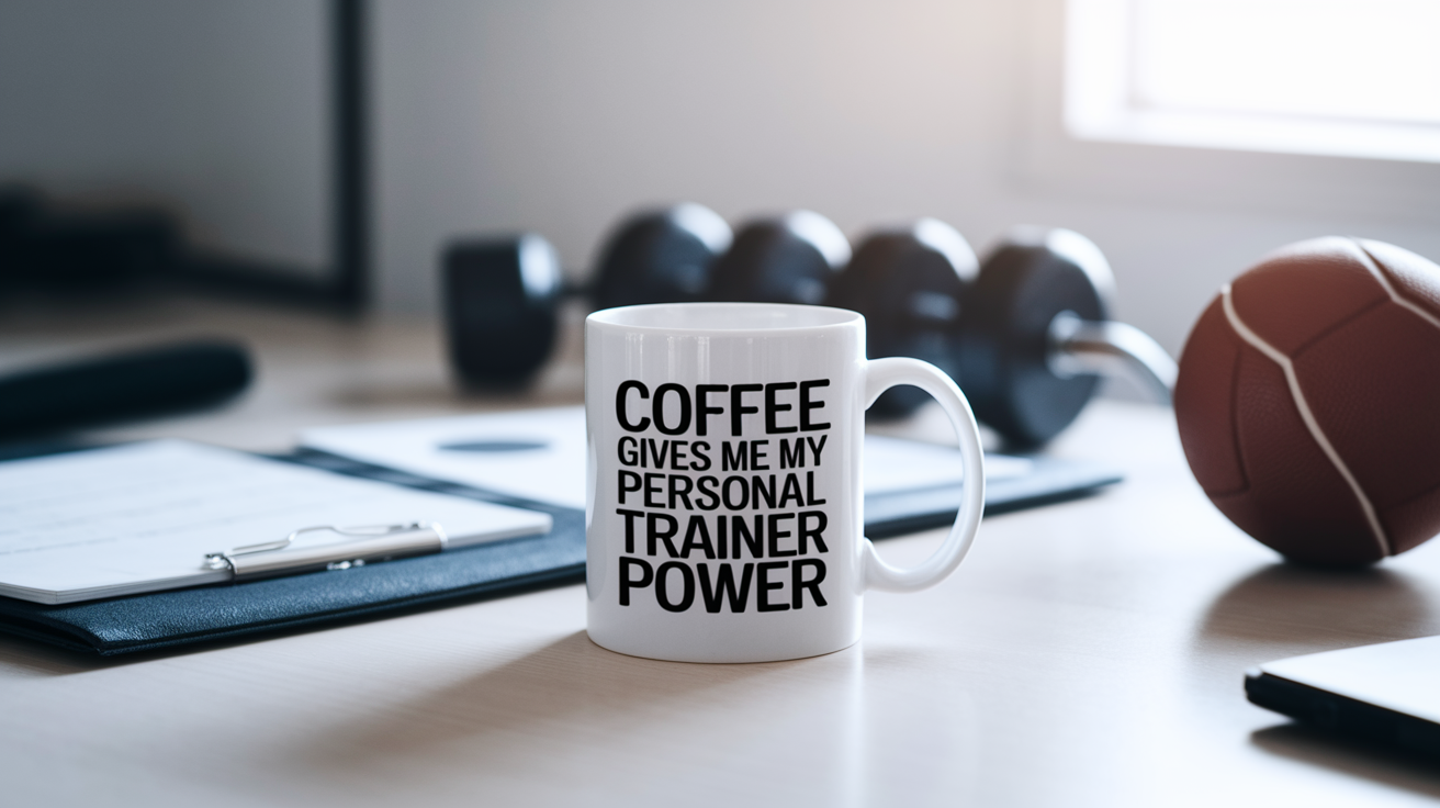 Coffee Gives Me My Personal Trainer Power quote on coffee mug mockup for Amazon POD
