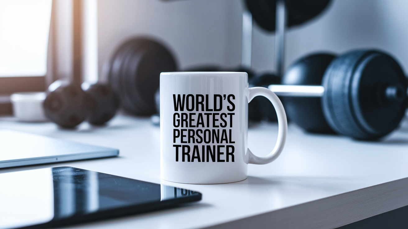 World's Greatest Personal Trainer quote on coffee mug mockup for Amazon POD