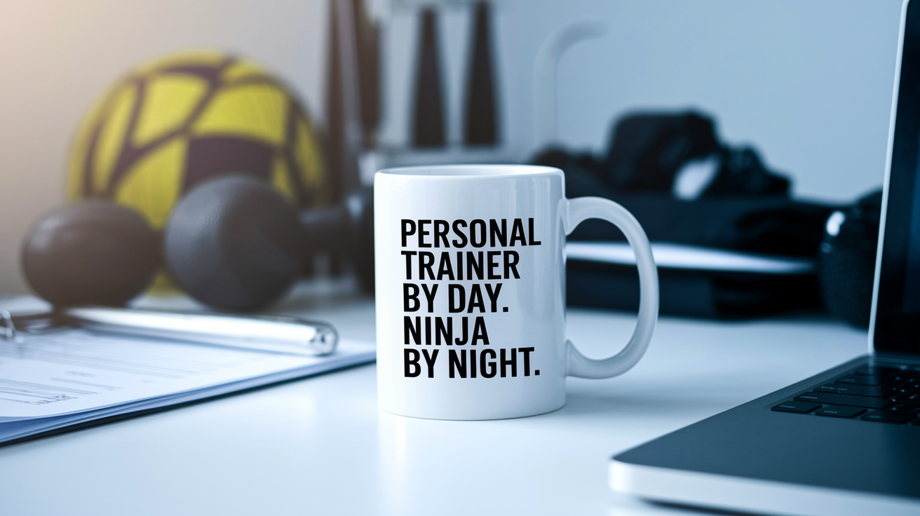 Personal Trainer by Day Ninja by Night quote on coffee mug mockup for Amazon POD