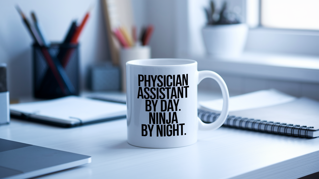 Physician Assistant by Day Ninja by Night quote on coffee mug mockup for Amazon POD