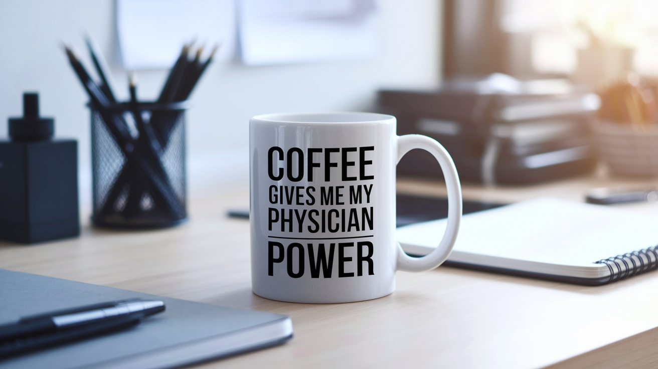 Coffee Gives Me My Physician Power quote on coffee mug mockup for Amazon POD