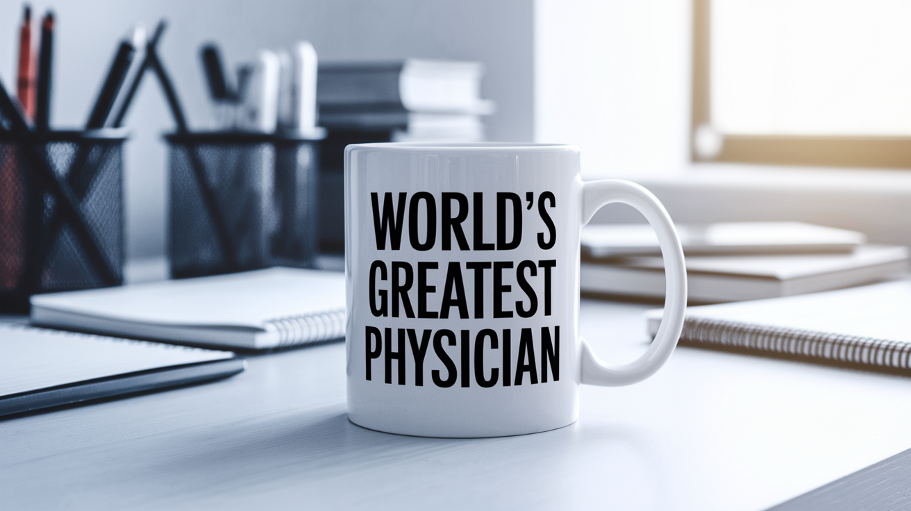 World's Greatest Physician quote on coffee mug mockup for Amazon POD