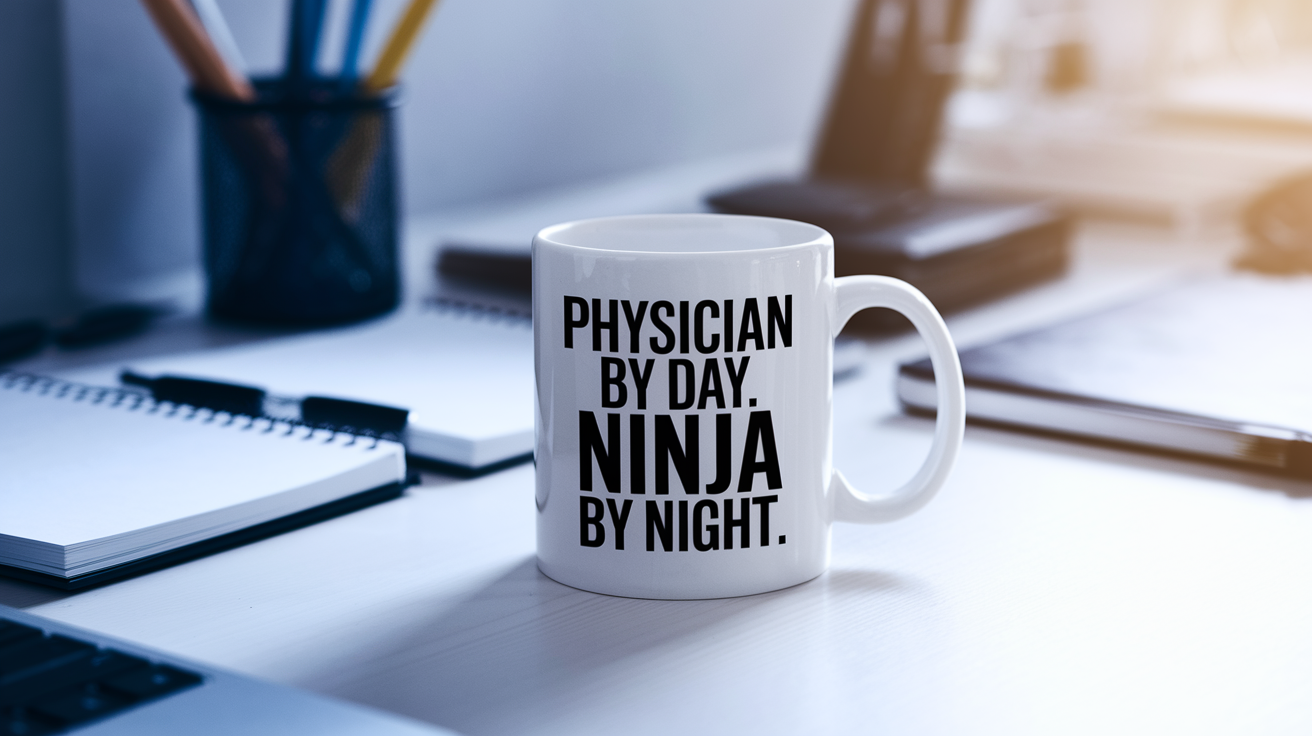 Physician by Day Ninja by Night quote on coffee mug mockup for Amazon POD