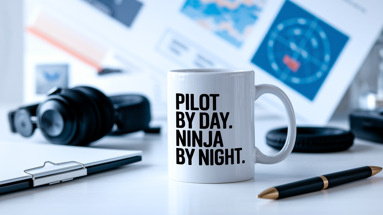 Pilot by Day Ninja by Night quote on coffee mug mockup for Amazon POD