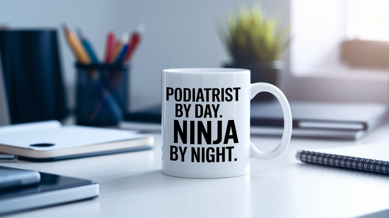Podiatrist by Day Ninja by Night quote on coffee mug mockup for Amazon POD