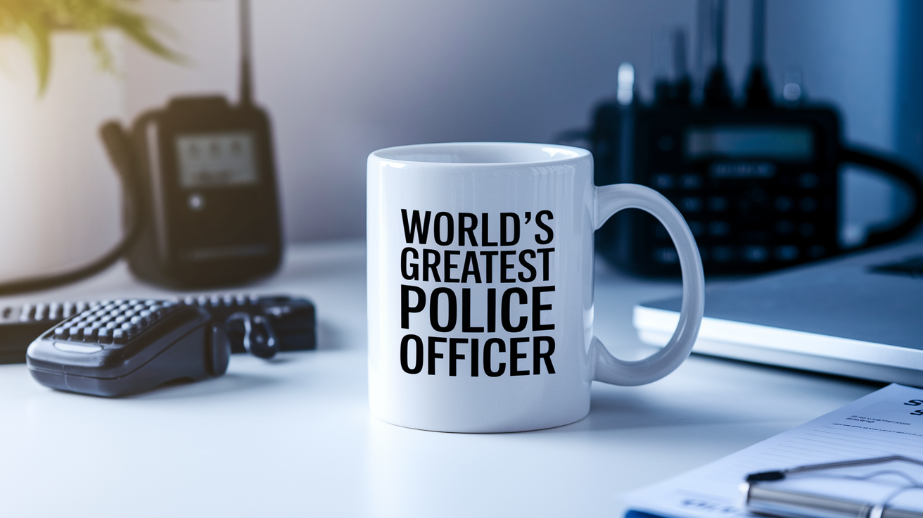 World's Greatest Police Officer quote on coffee mug mockup for Amazon POD