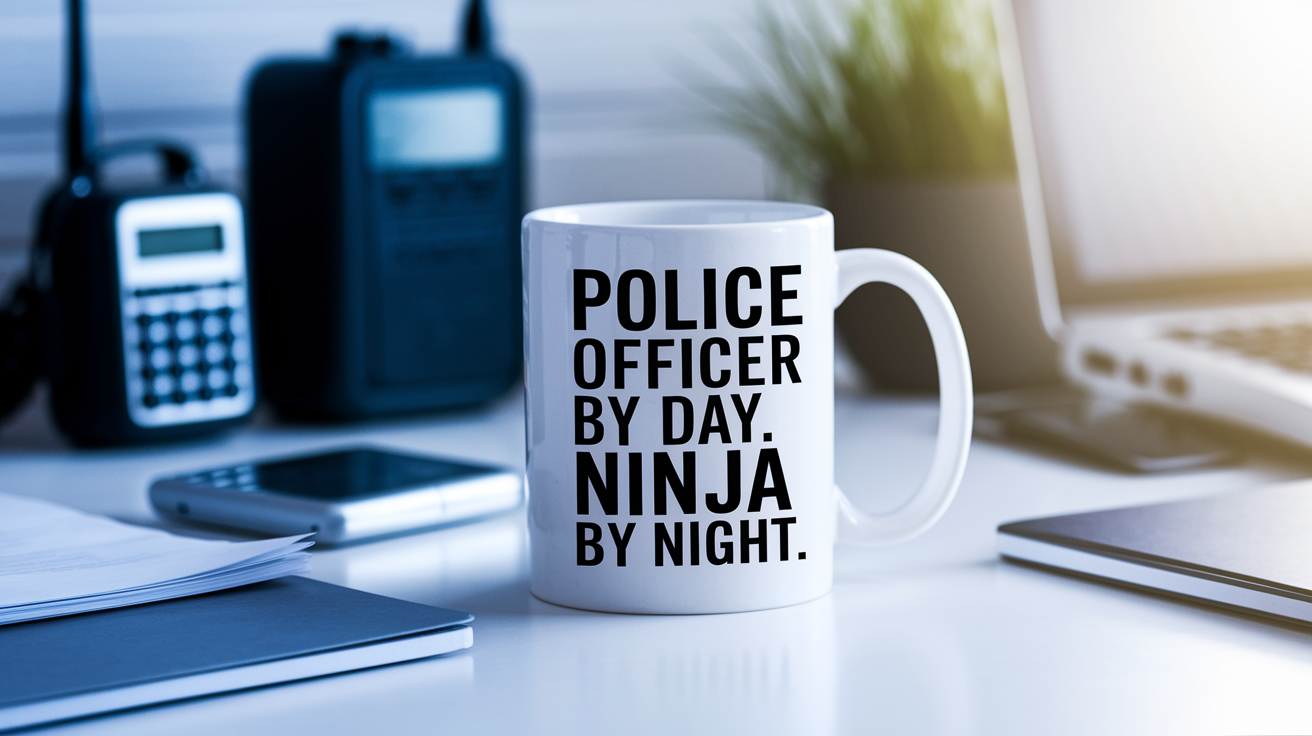 Police Officer by Day Ninja by Night quote on coffee mug mockup for Amazon POD