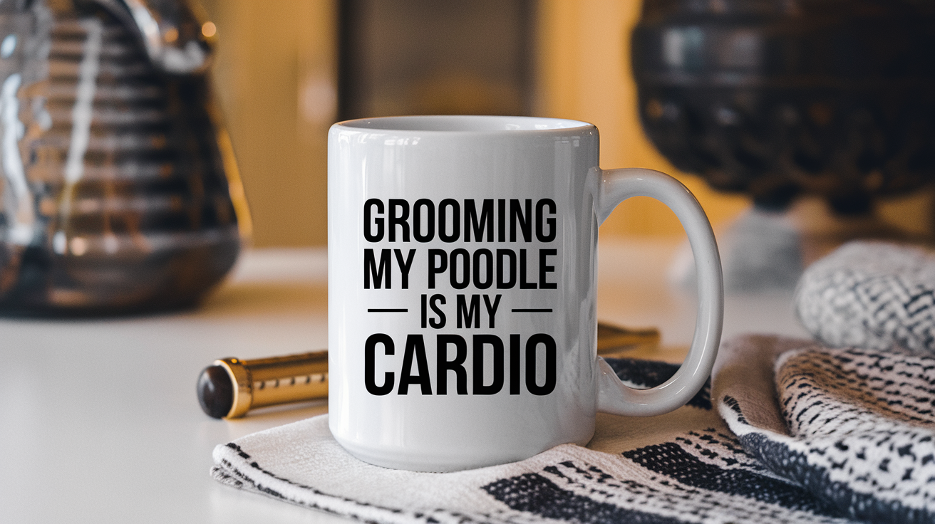Poodle Dog by Day Ninja by Night quote on coffee mug mockup for Amazon POD
