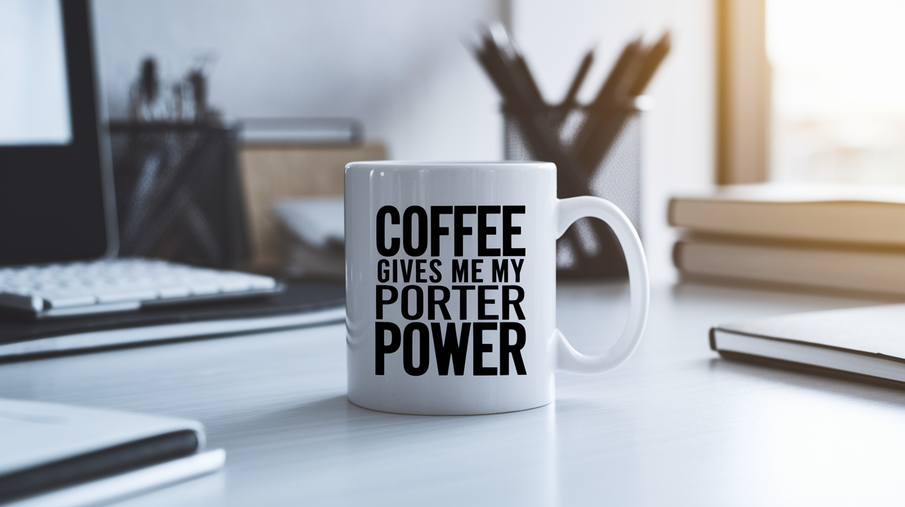 Coffee Gives Me My Porter Power quote on coffee mug mockup for Amazon POD