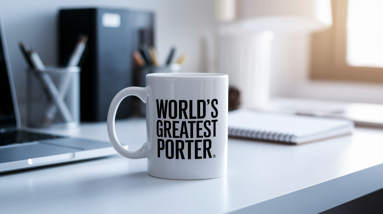 World's Greatest Porter quote on coffee mug mockup for Amazon POD