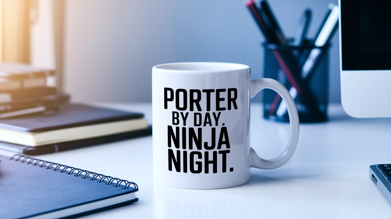 Porter by Day Ninja by Night quote on coffee mug mockup for Amazon POD