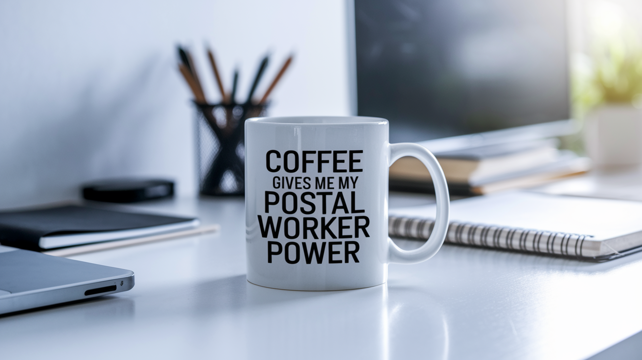 Coffee Gives Me My Postal Worker Power quote on coffee mug mockup for Amazon POD
