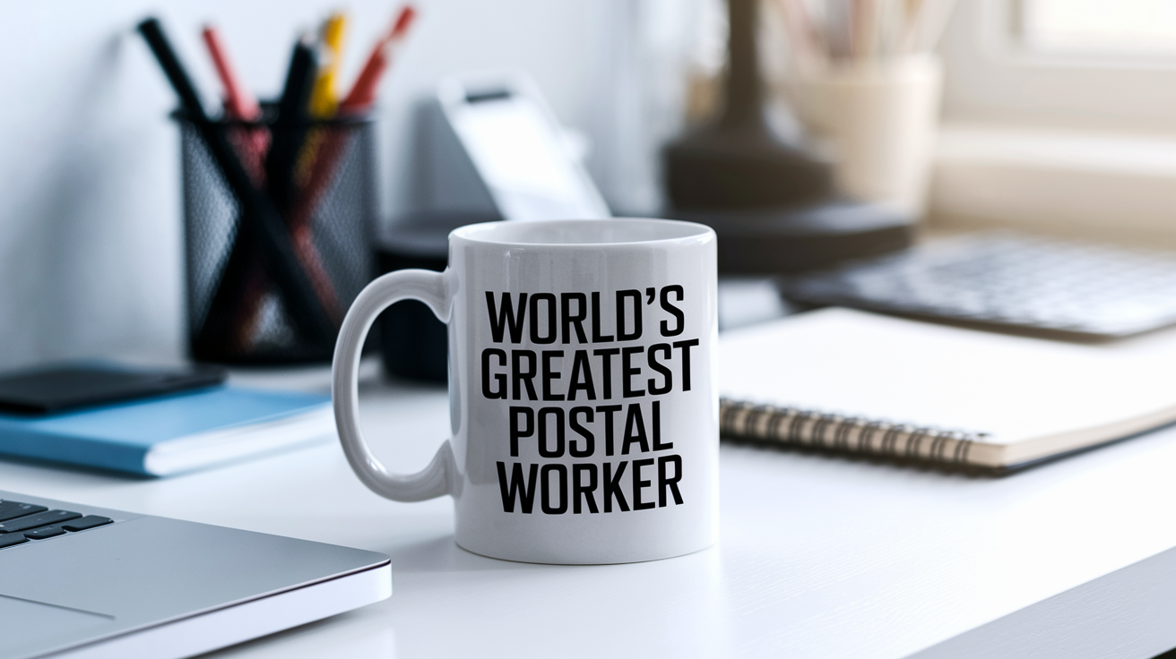 World's Greatest Postal Worker quote on coffee mug mockup for Amazon POD