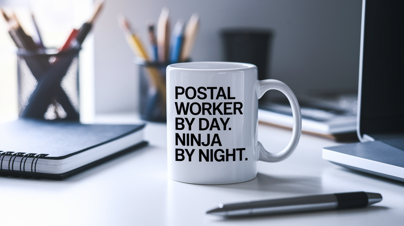Postal Worker by Day Ninja by Night quote on coffee mug mockup for Amazon POD