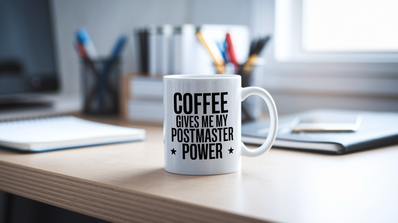 Funny Postmaster quote on travel mug mockup for Amazon POD