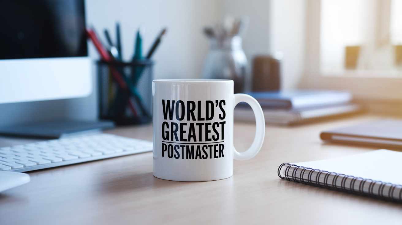 World's Greatest Postmaster quote on coffee mug mockup for Amazon POD