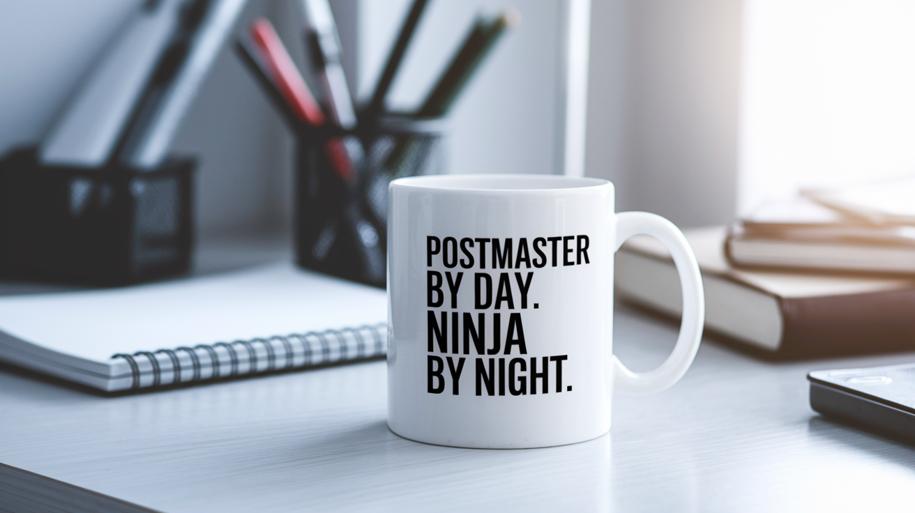 Postmaster by Day Ninja by Night quote on coffee mug mockup for Amazon POD