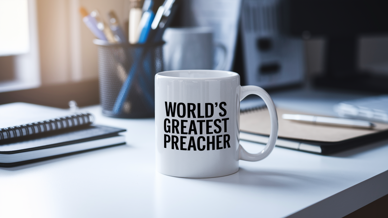 World's Greatest Preacher quote on coffee mug mockup for Amazon POD