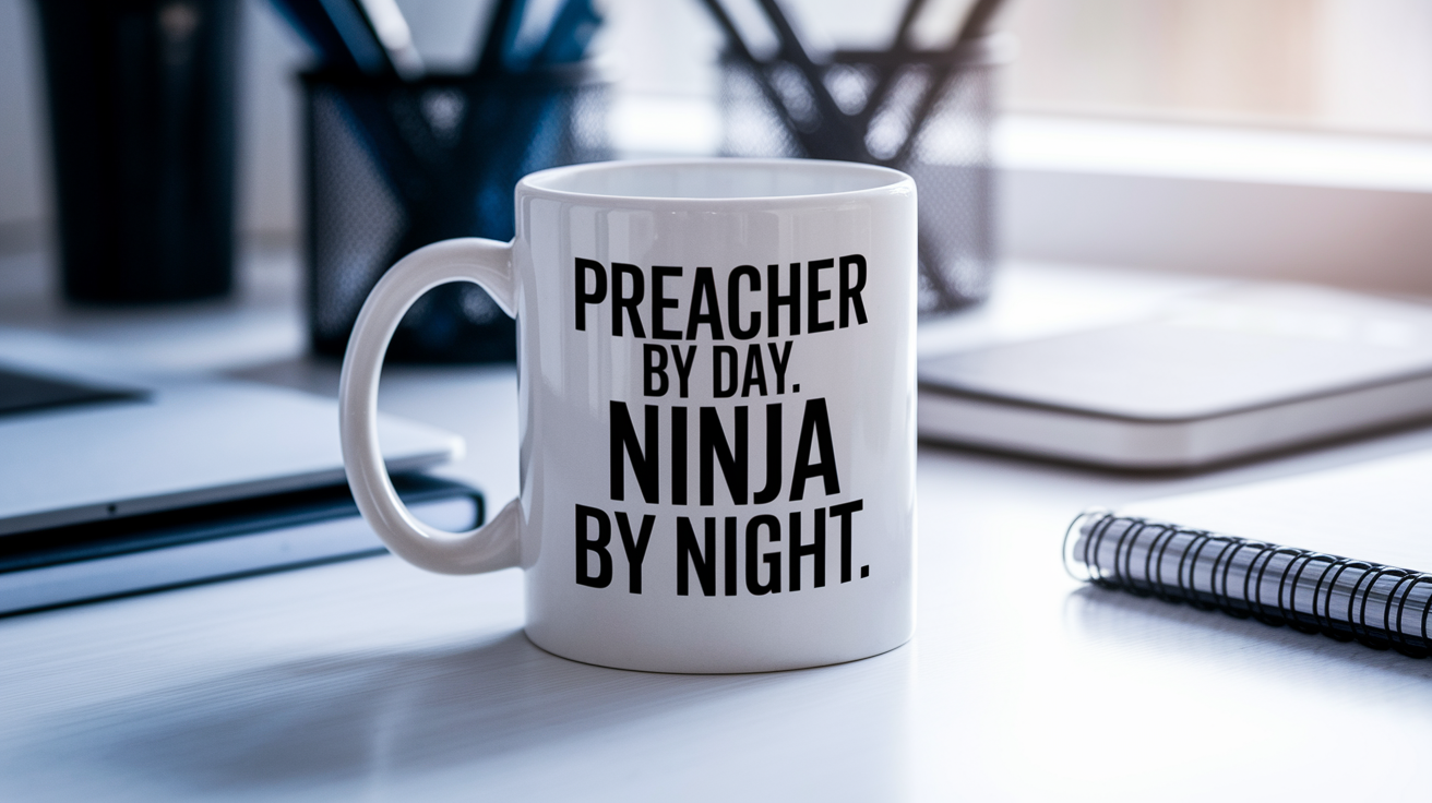 Preacher by Day Ninja by Night quote on coffee mug mockup for Amazon POD