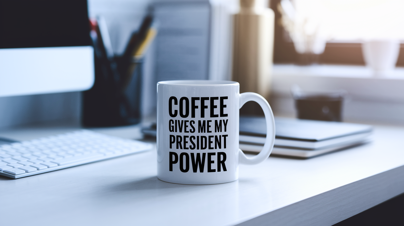 Coffee Gives Me My President Power quote on coffee mug mockup for Amazon POD