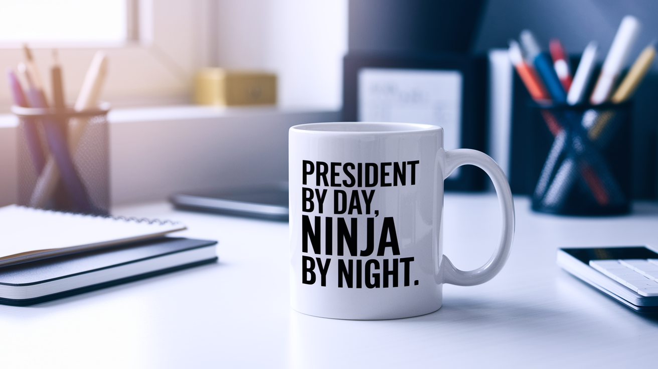 President by Day Ninja by Night quote on coffee mug mockup for Amazon POD