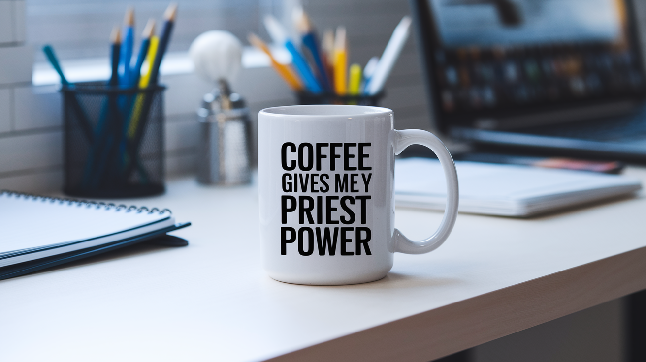 Funny Priest quote on travel mug mockup for Amazon POD