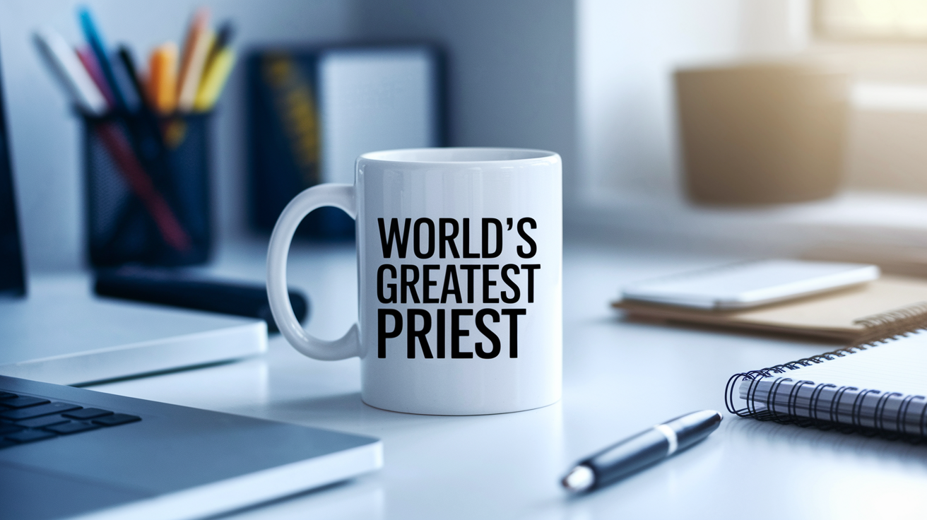 World's Greatest Priest quote on coffee mug mockup for Amazon POD