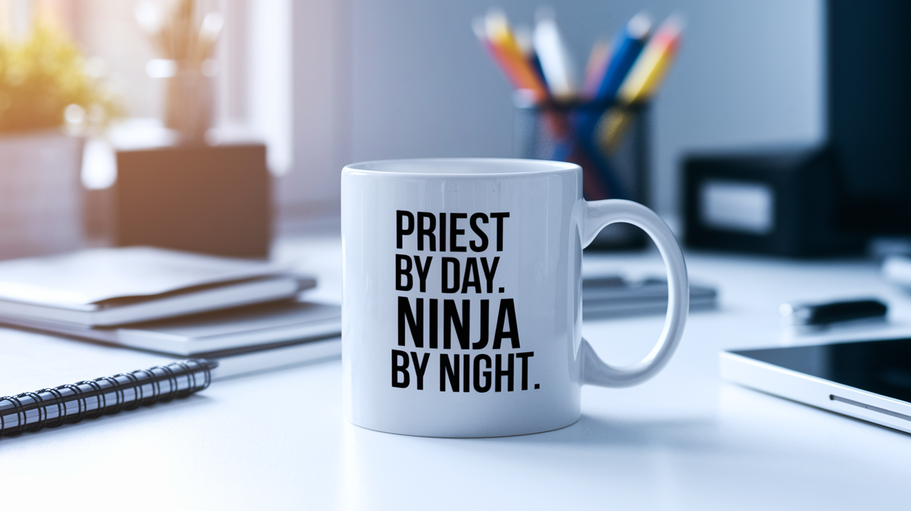 Priest by Day Ninja by Night quote on coffee mug mockup for Amazon POD