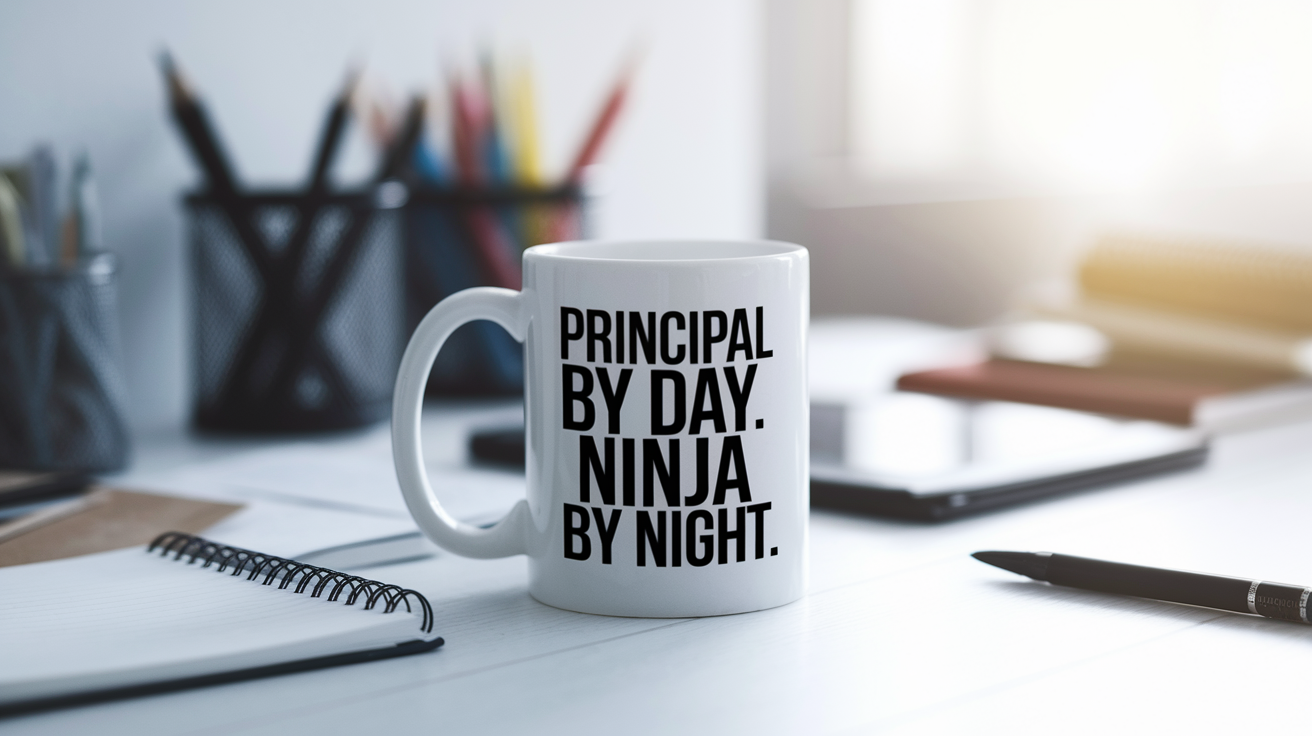 Principal by Day Ninja by Night quote on coffee mug mockup for Amazon POD