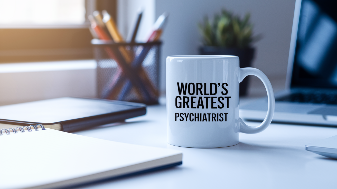 World's Greatest Psychiatrist quote on coffee mug mockup for Amazon POD