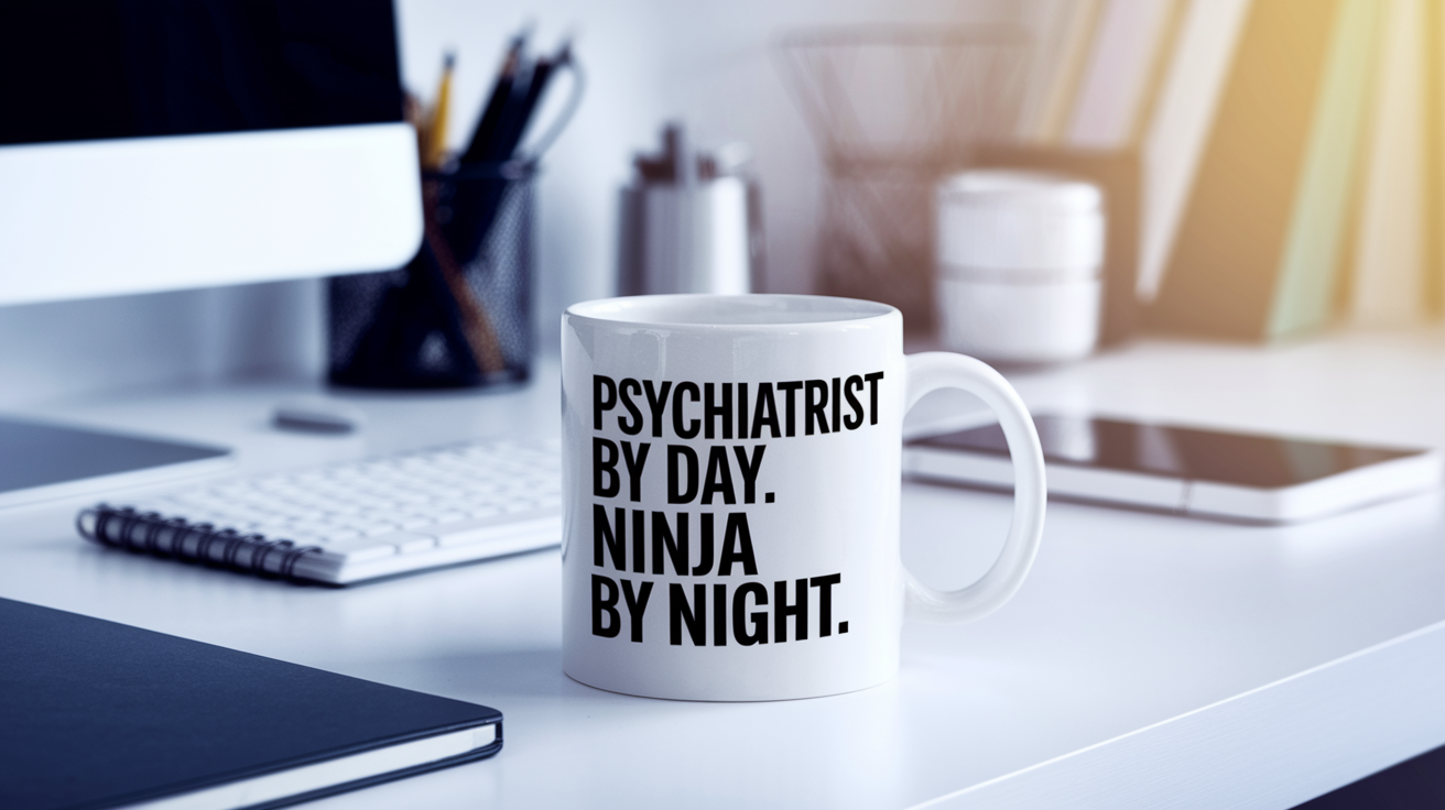 Psychiatrist by Day Ninja by Night quote on coffee mug mockup for Amazon POD
