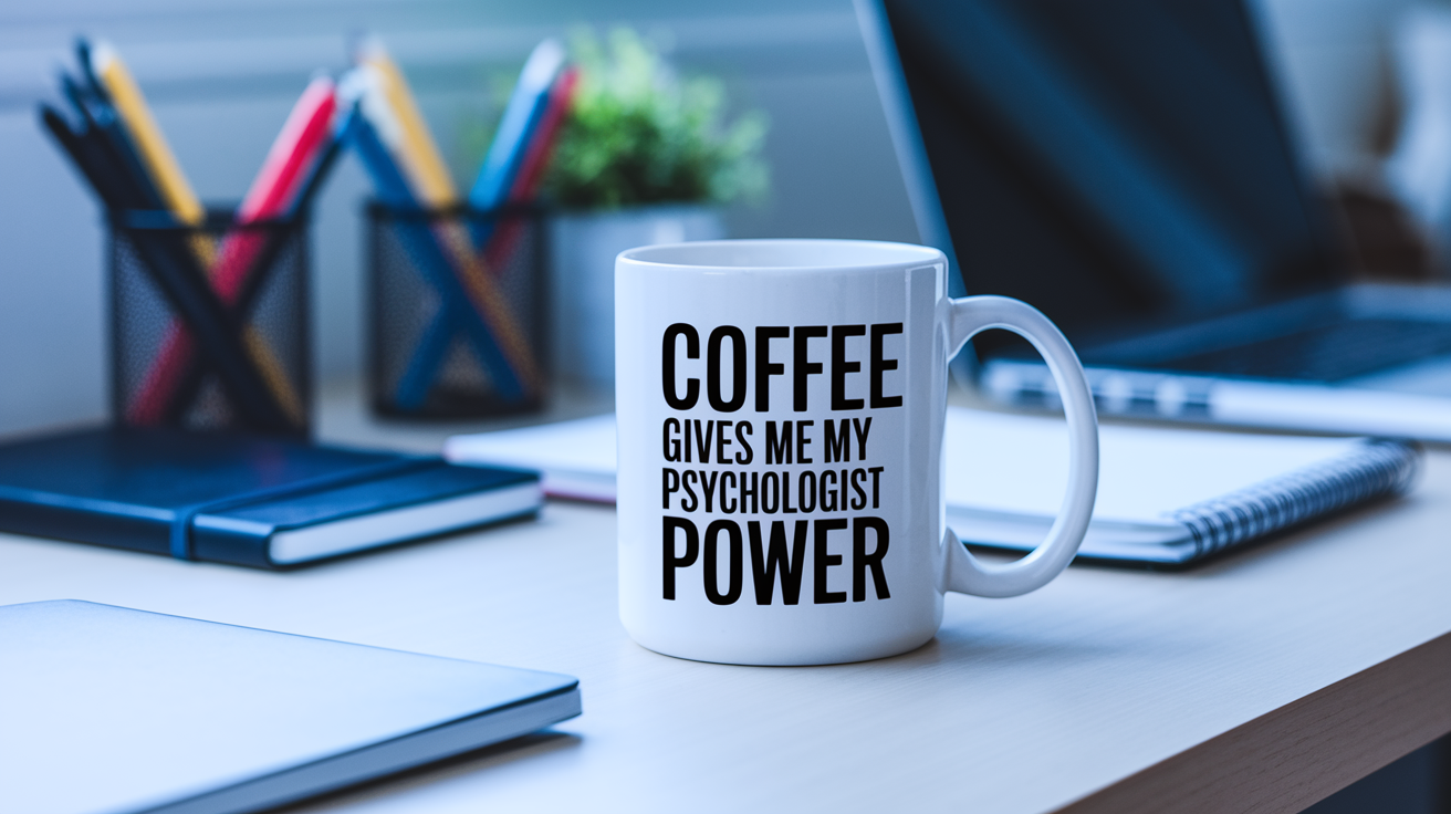 Coffee Gives Me My Psychologist Power quote on coffee mug mockup for Amazon POD