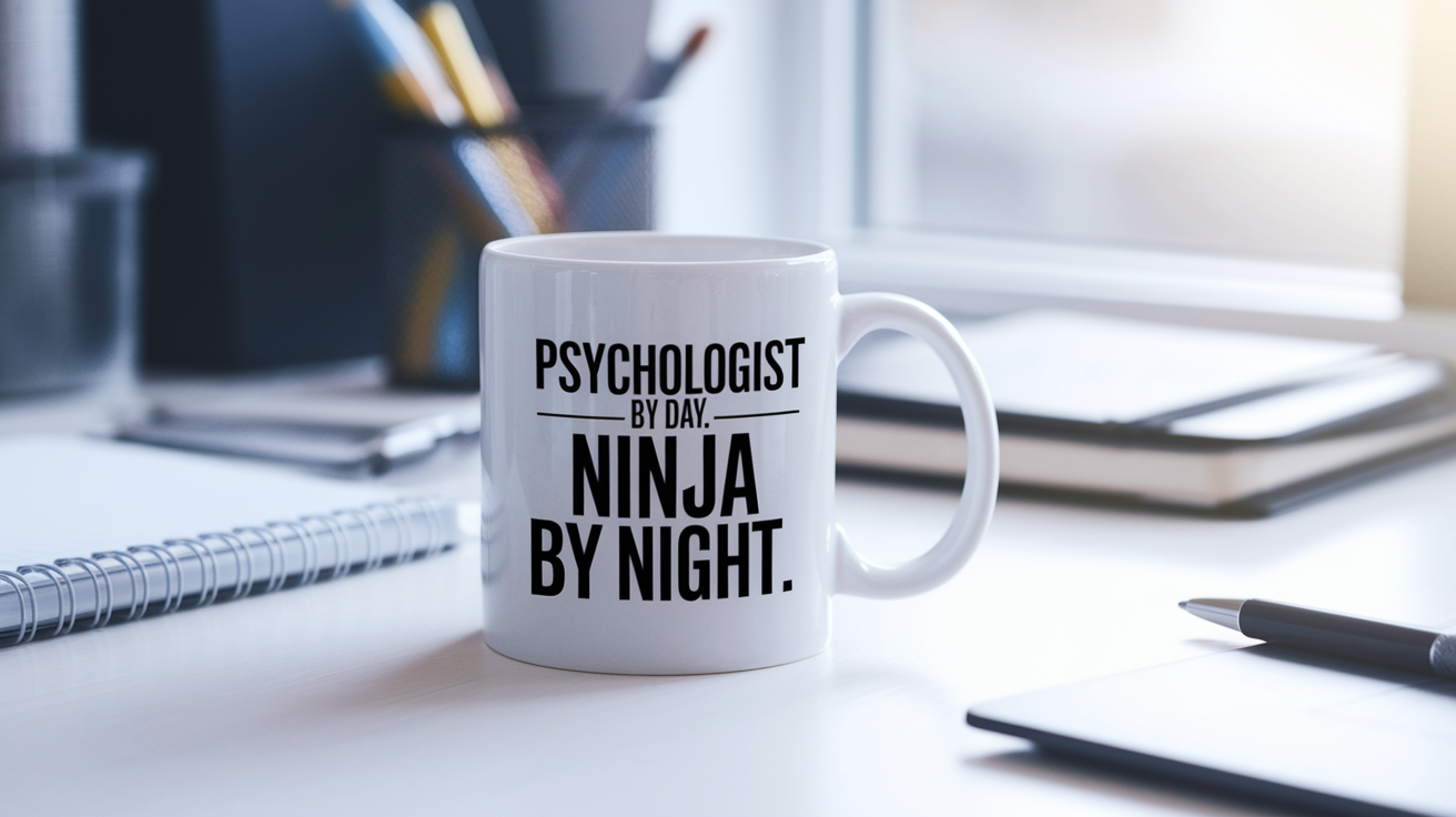Psychologist by Day Ninja by Night quote on coffee mug mockup for Amazon POD