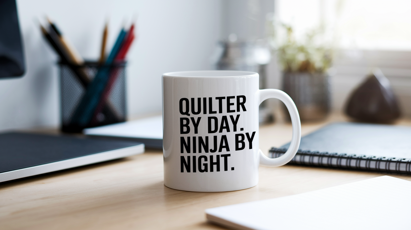 Quilter by Day Ninja by Night quote on coffee mug mockup for Amazon POD