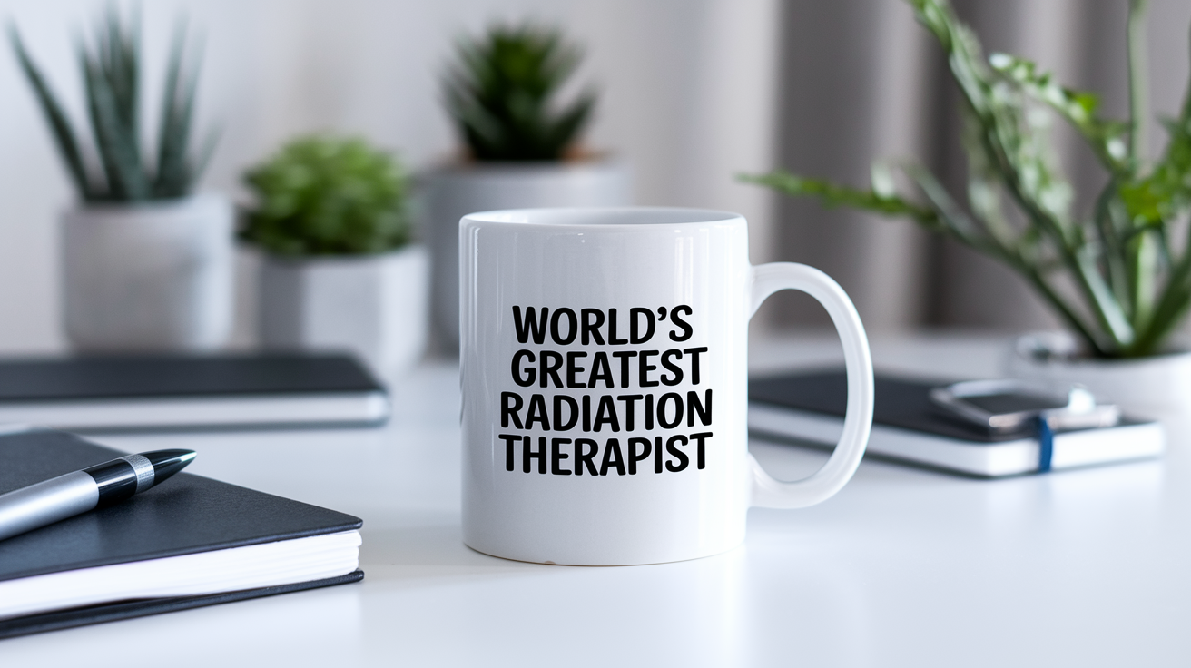 World's Greatest Radiation Therapist quote on coffee mug mockup for Amazon POD