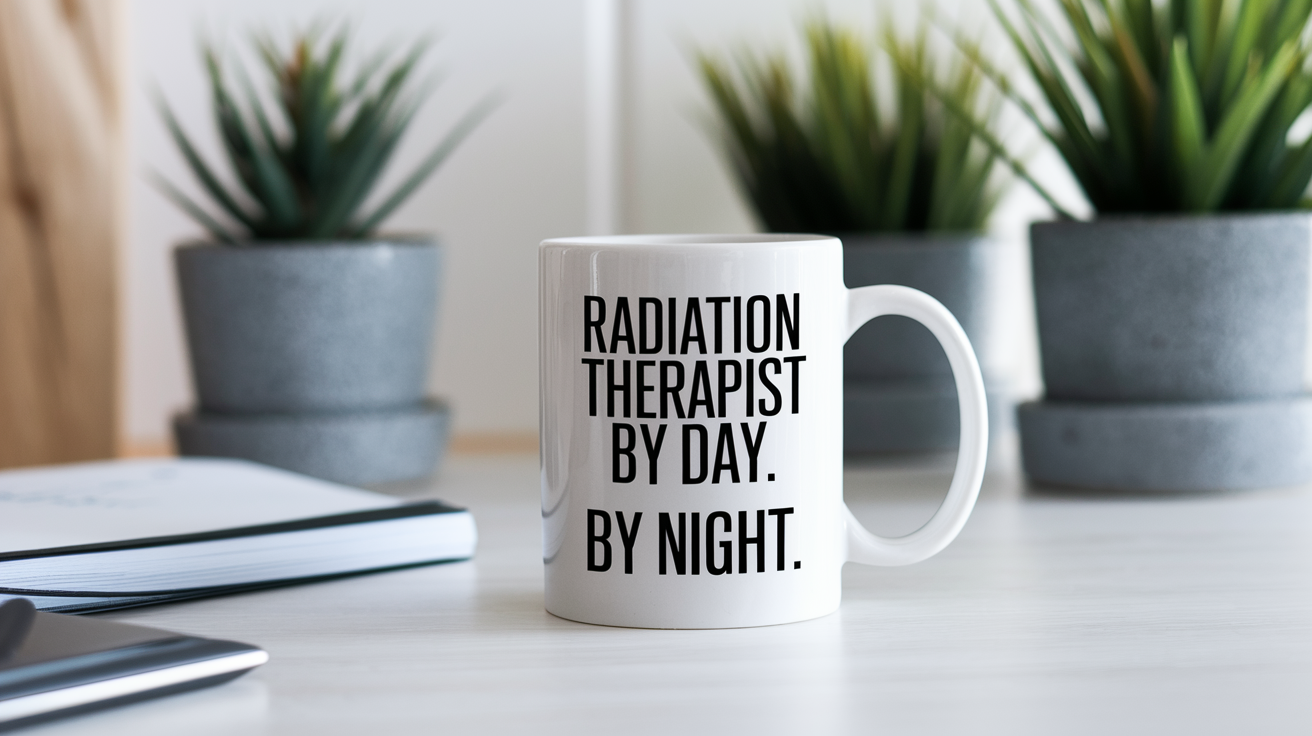 Radiation Therapist by Day Ninja by Night quote on coffee mug mockup for Amazon POD