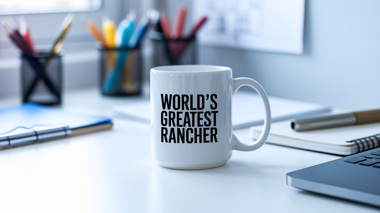 World's Greatest Rancher quote on coffee mug mockup for Amazon POD