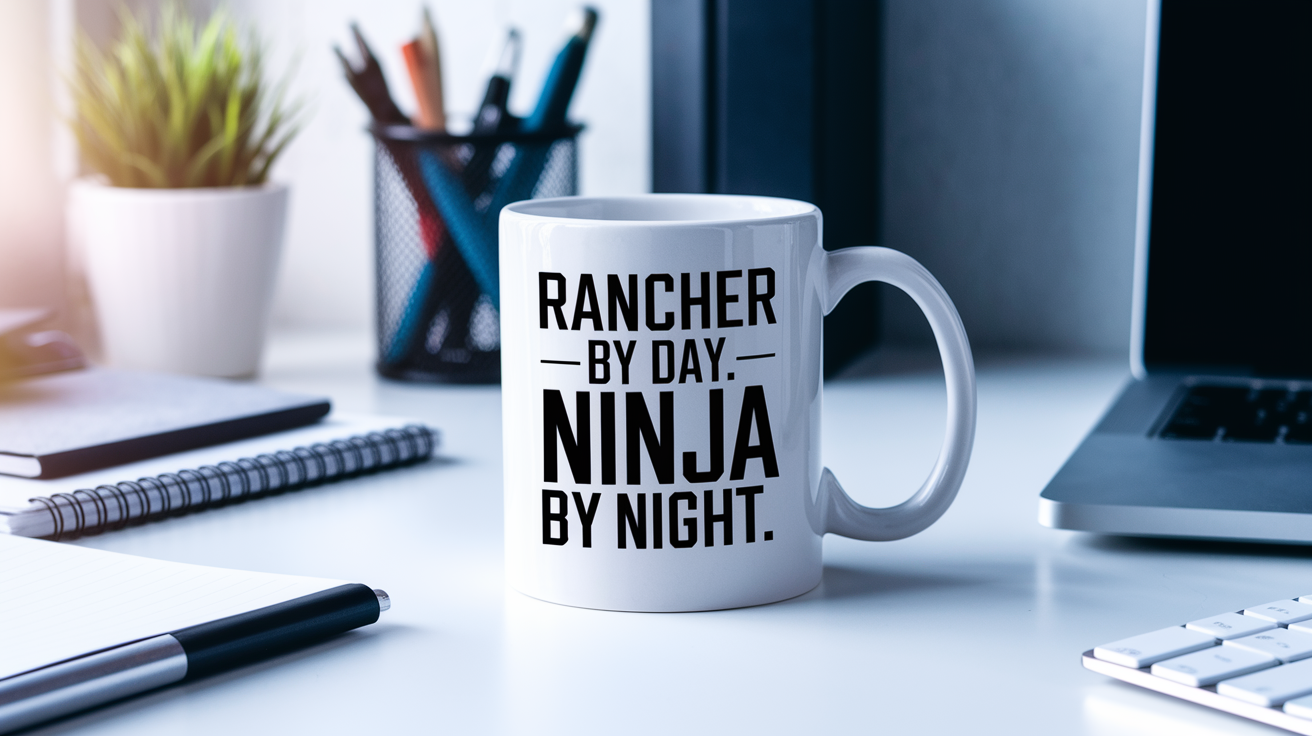 Rancher by Day Ninja by Night quote on coffee mug mockup for Amazon POD