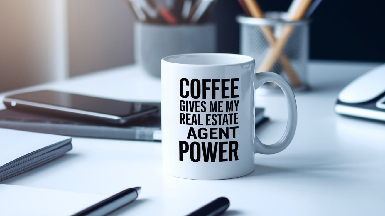 Coffee Gives Me My Real Estate Agent Power quote on coffee mug mockup for Amazon POD