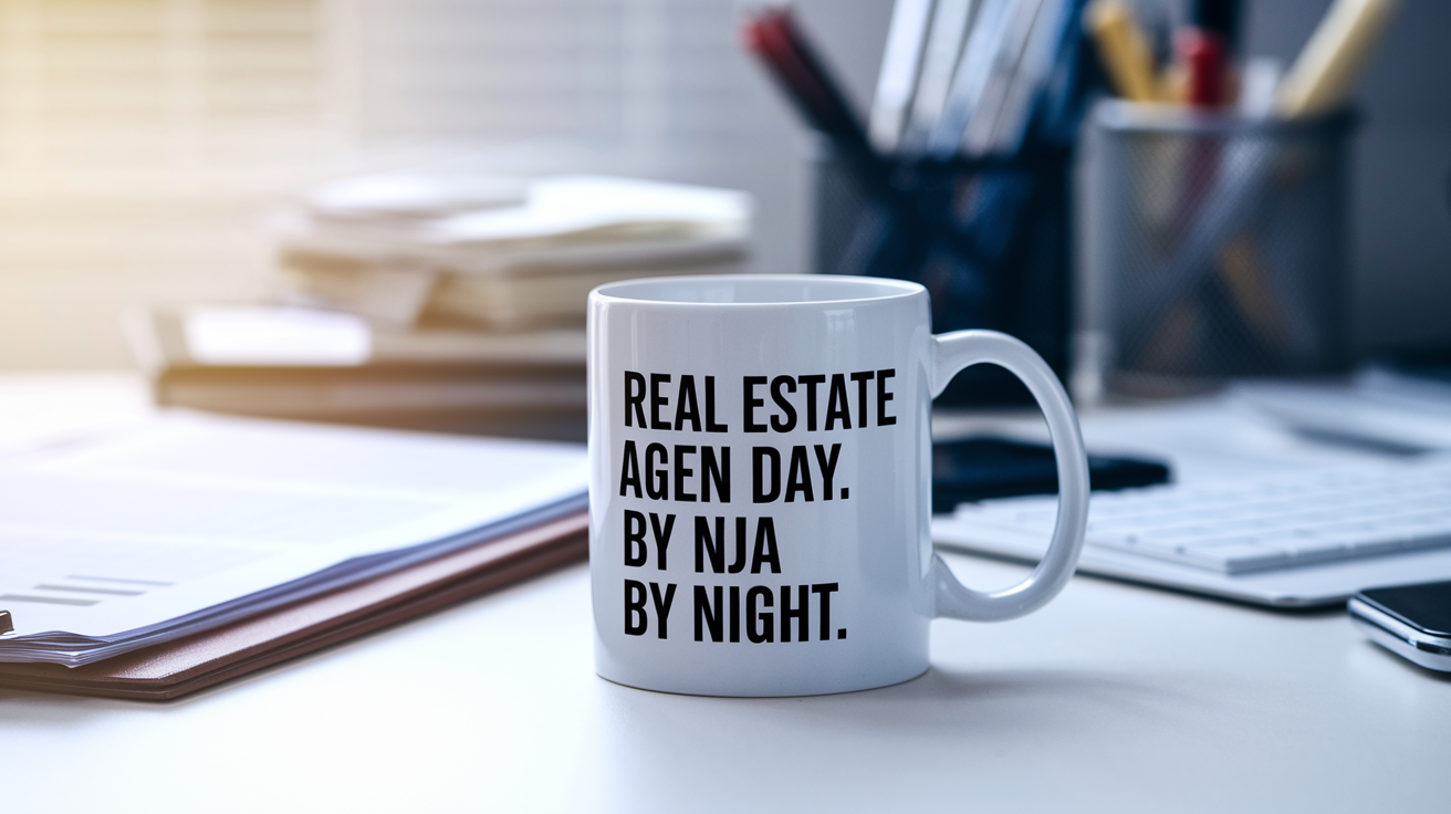 Real Estate Agent by Day Ninja by Night quote on coffee mug mockup for Amazon POD