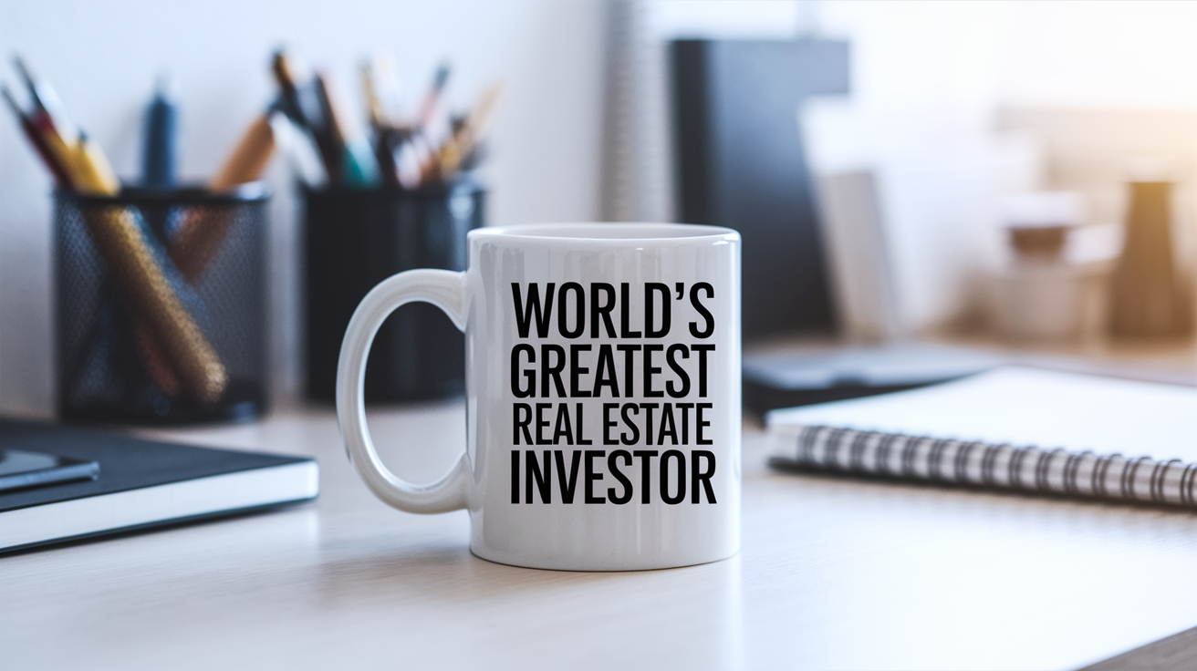 World's Greatest Real Estate Investor quote on coffee mug mockup for Amazon POD