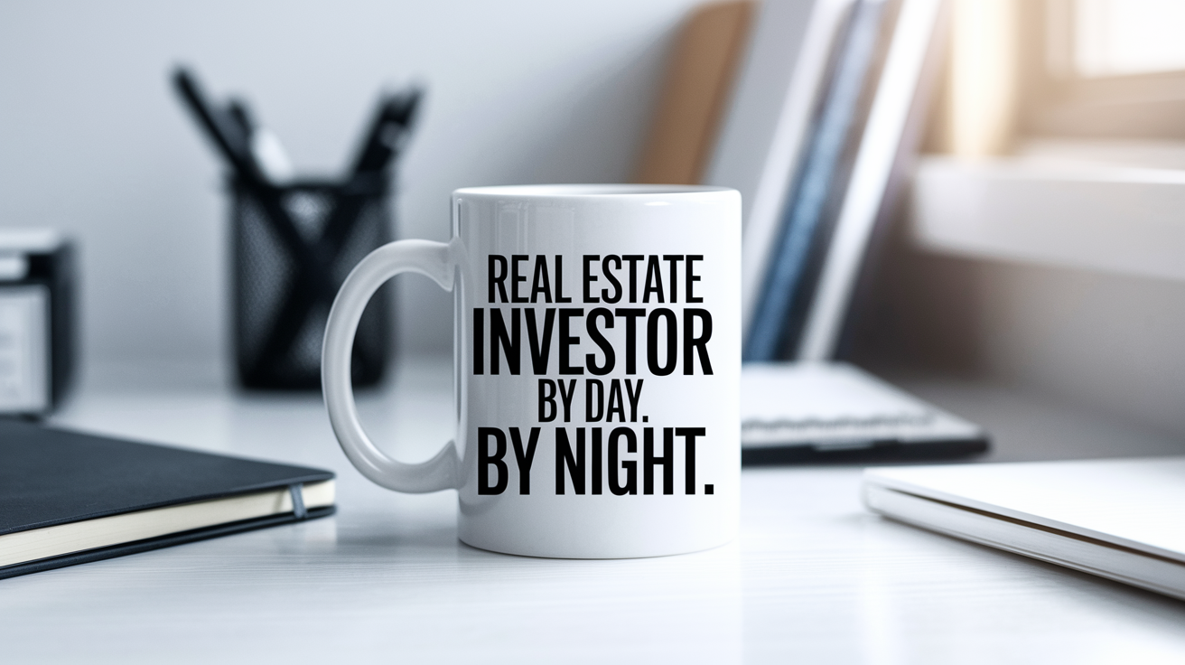 Real Estate Investor by Day Ninja by Night quote on coffee mug mockup for Amazon POD
