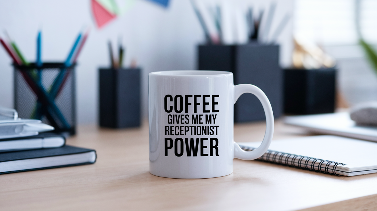 Coffee Gives Me My Receptionist Power quote on coffee mug mockup for Amazon POD