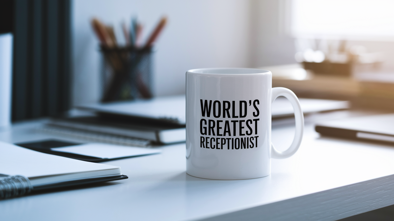 World's Greatest Receptionist quote on coffee mug mockup for Amazon POD