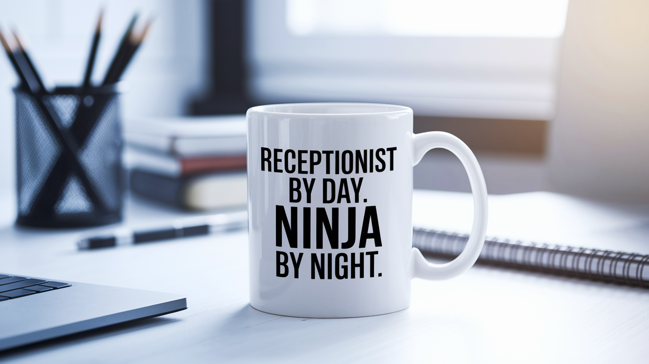 Receptionist by Day Ninja by Night quote on coffee mug mockup for Amazon POD