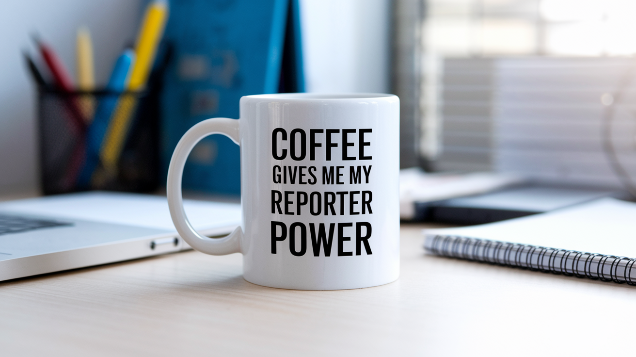 Coffee Gives Me My Reporter Power quote on coffee mug mockup for Amazon POD