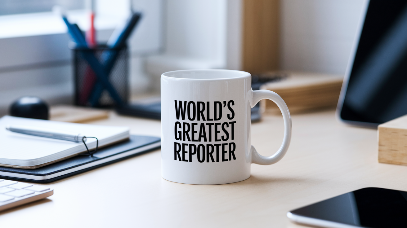World's Greatest Reporter quote on coffee mug mockup for Amazon POD