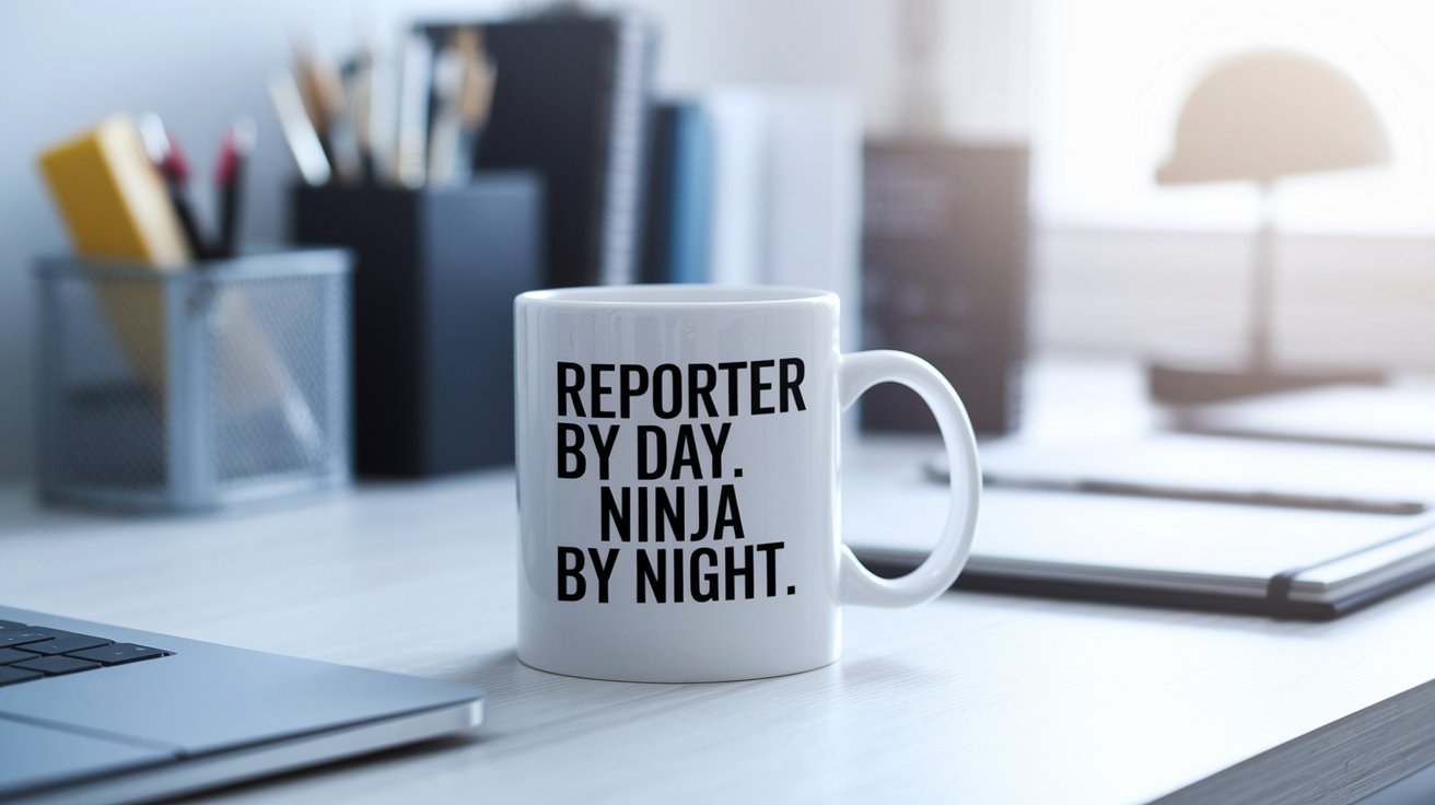 Reporter by Day Ninja by Night quote on coffee mug mockup for Amazon POD