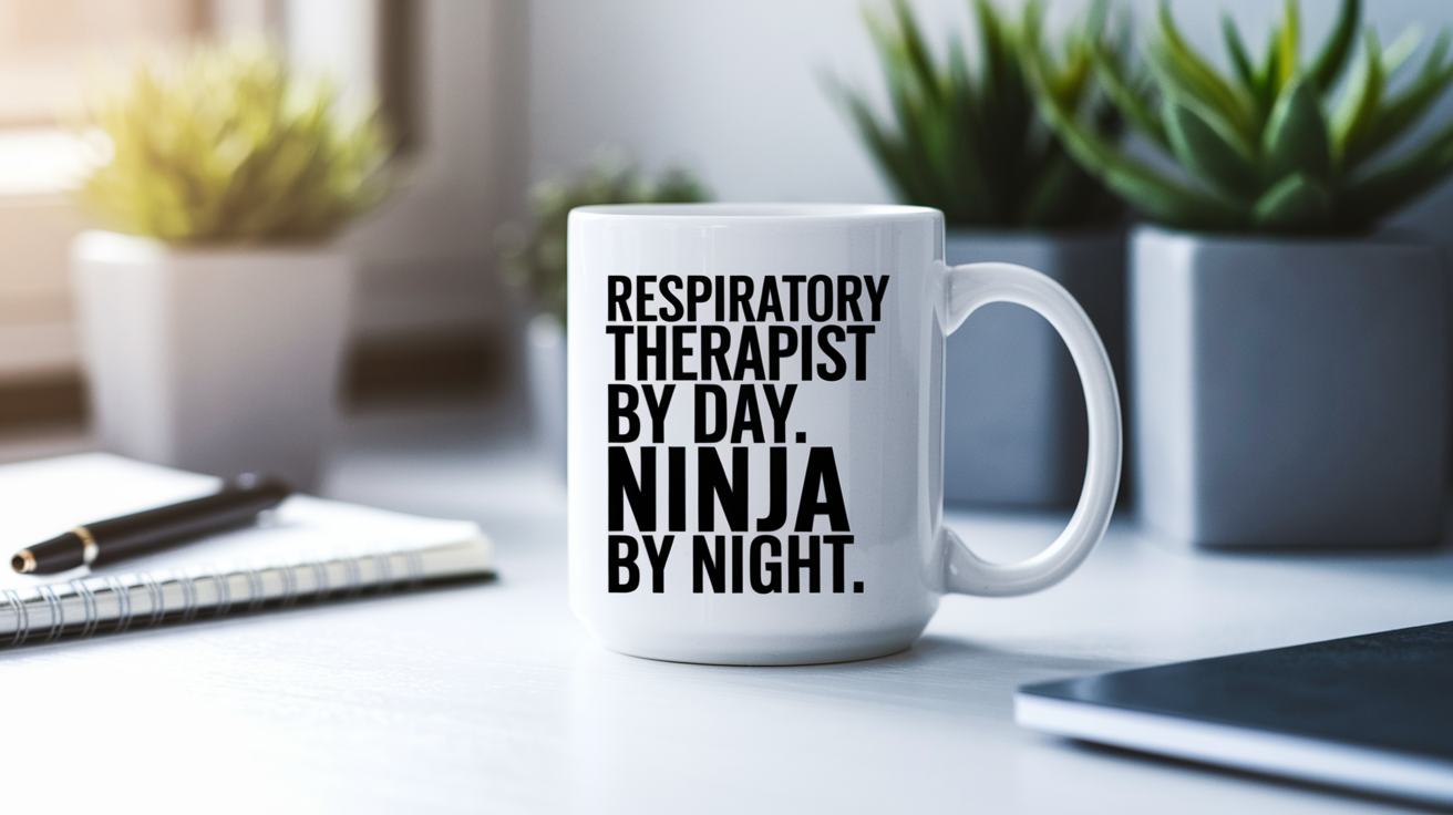 Respiratory Therapist by Day Ninja by Night quote on coffee mug mockup for Amazon POD